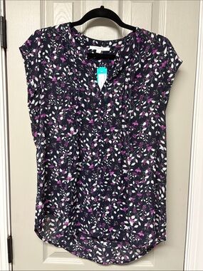 Women’s Floral Cap-Sleeve Blouse - Purple/White/Navy